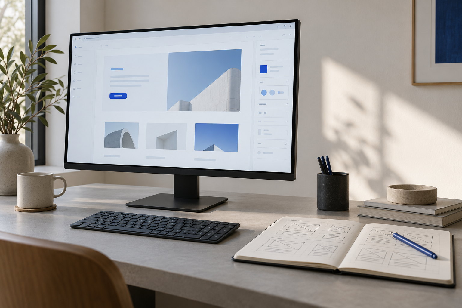 A thoughtful web design workspace with an interface on a monitor and wireframes in a notebook.
